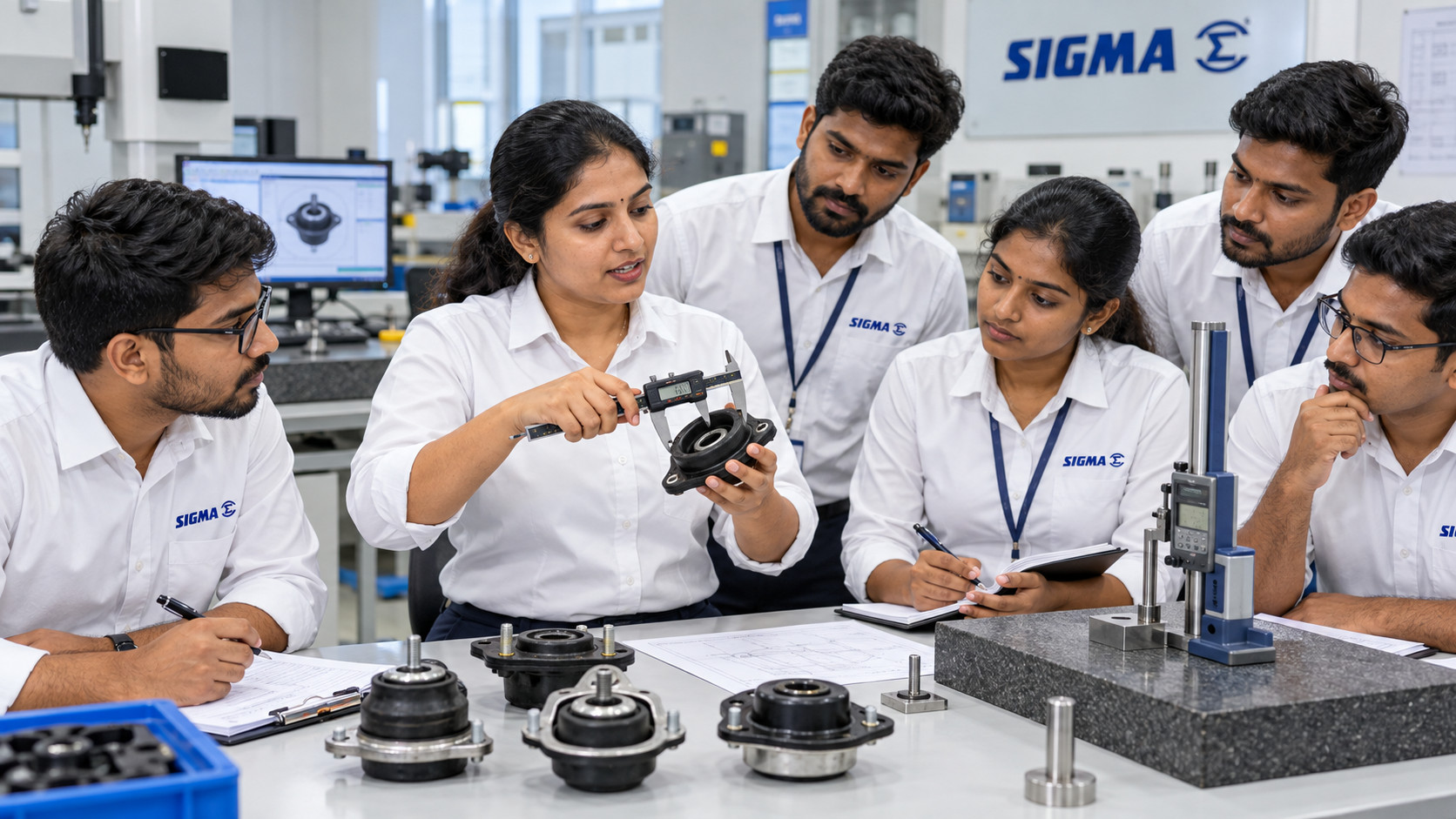 Sigma technician operating product-testing equipment